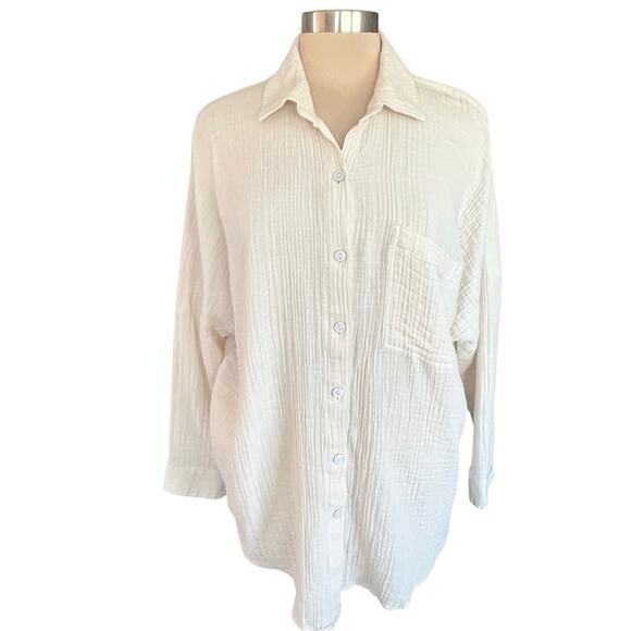 American Eagle Cotton Gauze Button Down Shirt Women MED Oversized Beachy Casual - Picture 1 of 9